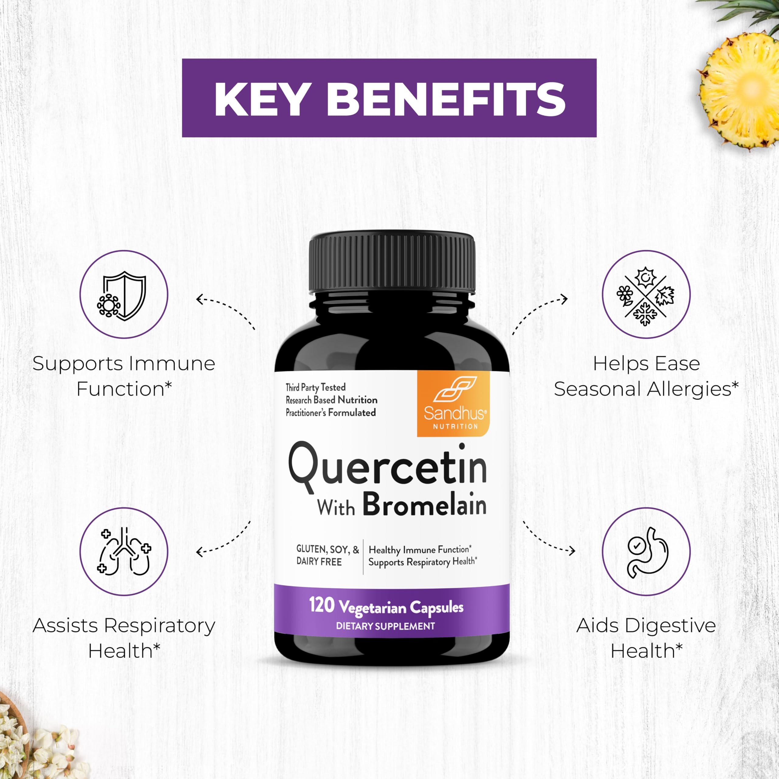 Sandhu's Quercetin with Bromelain Supplement - 1000mg Per Serving 120 Vegetarian Capsules - Bioflavonoids Quercitin Complex for Immune Support & Respiratory Health